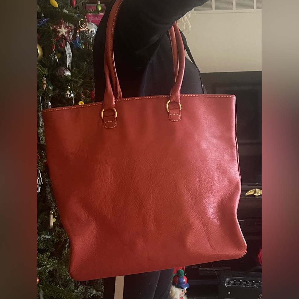 J CREW Red Leather Tote Carryall Purse Houndstooth Lining Travel Shopping Office
